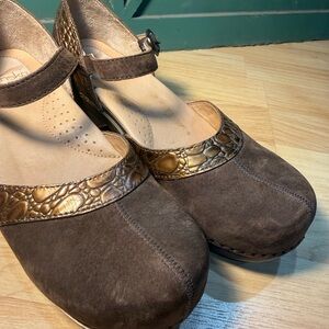 Dansko Brown Suede Mary Jane Clogs with Metallic Bronze Accent
